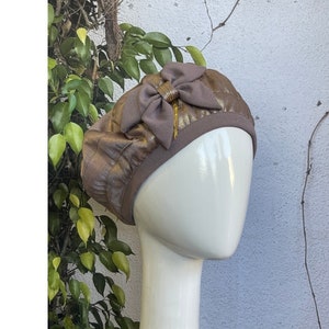 Embellished Hat For Women, Gold/Muted Purple Head Covering, Size #1, Fancy Chemo Headwear, Gift for Her, Tichel Lady Slip On Alopecia Hat
