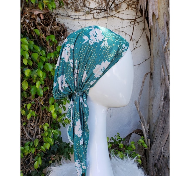 Pre Tied Head Scarf - Teal Floral Print