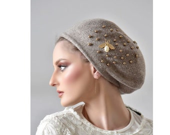 Exquisito sombrero de boina sin cordones para mujer, perlas de café con leche/cristales adornados con cubierta para la cabeza, Tichel Snood, elegante sombrero Chemo Tam Ocasión especial