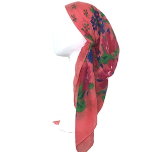 Peach Floral Ukrainian Scarf Bandana, LARGE Square Russian Head Cover, Cancer Hair Cover, Alopecia Headwear, Jewish Tichel, Gifts for Women