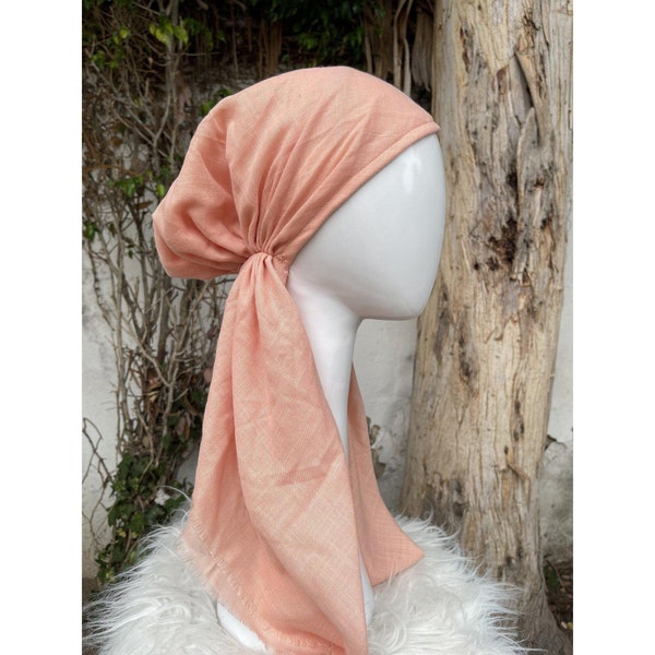 Slip On Tichel Head Covering for Women, Peach, Cotton Textured Pre Tied Bandana Headscarf, Long Tails, Convenient Chemo Headwear