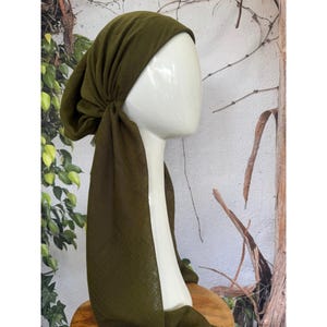 Pre Tied Head Scarf for Women, NON-SLIP Band Attached, Olive Green, Cotton Textured Long Tails, Chemo Headwear Slip On Bandana Cover Tichel