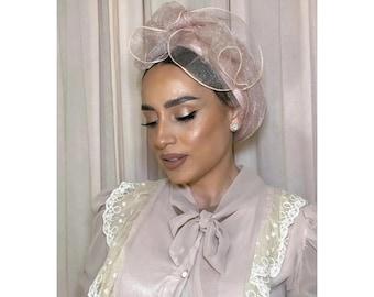 Elegant Headcover Set, Pink Shimmer, Headwrap w/ Color Coordinated Stretchy Hat, Fancy Chemo Headwear Tichel, Avigail Lahiani