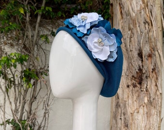 Embellished Beret Cotton Hat for Women, Blue, Double Flower Design, Medium/Large, Fancy Chemo Headwear, Elegant Cocktail Party Hat, Tichel