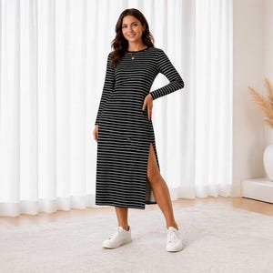 formal black and white striped dress Limited Black and White stripe long sleeve V neck maxi evening gown main image 0
