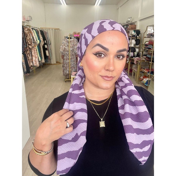 Cotton Square Head Scarf for Women, Waffled Zebra Print, Purple Bandana Head Covering, Chemo Headwear, Gift for Her, Tichel Lady