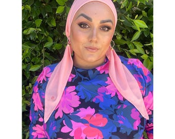 Swim Pre Tied Non-Slip Head Scarf for Women, Rosé, Adjustable Tichel, Velvet Headband Attached, Great for Pool Beach Water Parks/ Slides