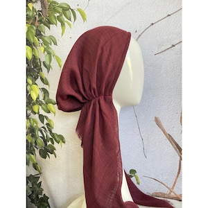 Pre Tied Head Scarf for Women, Wine, Long Tails, Cotton Textured Slip On Bandana Head Covering, Chemo Headwear, Little Tichel Lady