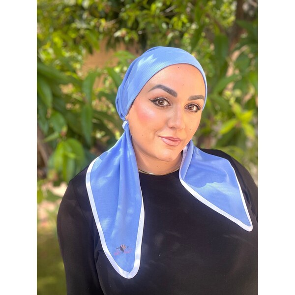 Dri Fit Pre Tied Head Scarf, Blue, Anti-Slip Velvet Band Attached, Adjustable Activewear Head Covering, Lightweight Sport Work Out Headwear