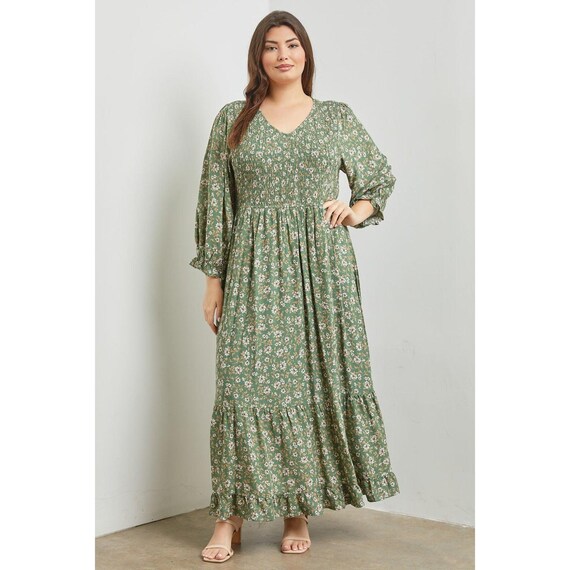 plus size smocked maxi dress Cala Floral Alycia Smocked Maxi Dress Curve ORG-PINKS-MUL / 1X by Sugarlips