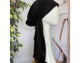 Vorgebundenes Kopftuch für Frauen, NON-SLIP Band angebracht, Schwarz, Baumwolle Strukturierte Lange Schwänze, Chemo Kopfbedeckung, Slip On Bandana Kopfbedeckung, Tichel
