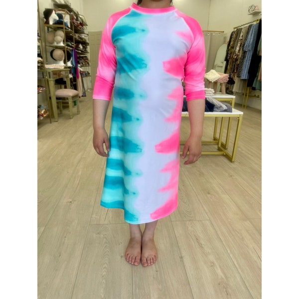 Modest Swim Dress for Adolescence Girls, Pink/White/Turquoise Tie-Dye, Bathing Suit for Teens, Tznius Pool Clothing, Beach Dress