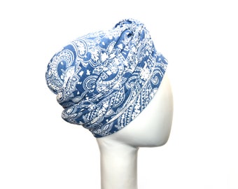 Pañuelo de cabeza de Jersey, envoltura de hijab, estampado de Paisley azul, sombreros para mujeres, cubierta de cabeza judía, dama Tichel, envoltura de cabeza africana, regalos de quimioterapia
