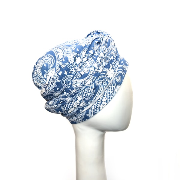 Jersey Head Scarf, Hijab Wrap, Blue Paisley Print, Headwear for Women, Jewish Head Covering, Tichel Lady, African Headwrap, Chemo Gifts