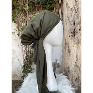 Pre Tied Head Scarf for Women, Olive, Long Tails, Cotton Textured Slip On Bandana Head Covering, Chemo Headwear, Tichel Lady