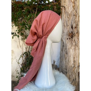 Pre Tied Head Scarf for Women, Peach, Long Tails, Cotton Textured Slip On Bandana Head Covering, Chemo Headwear, Tichel Lady