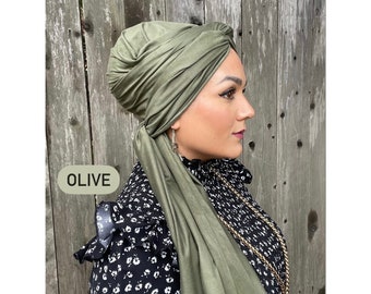 Olive Green Faux Suede Stretchy Head Scarf Wrap