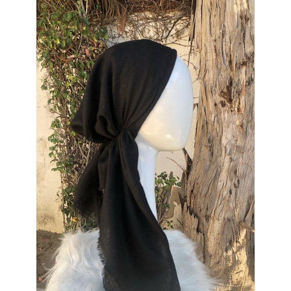 Pre Tied Head Scarf for Women, Black, Long Tails, Cotton Textured Slip On Bandana Head Covering, Convenient Chemo Headwear, Tichel Lady