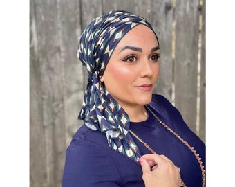 Headscarf for Women, Geometric Navy Print Long Head Wrap, Hijab Headcovering, Chemo Headwear, Cancer Gifts, Little Tichel Lady