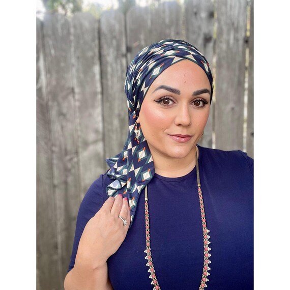 Headscarf for Women, Geometric Navy Print Long Head Wrap  display picture 1