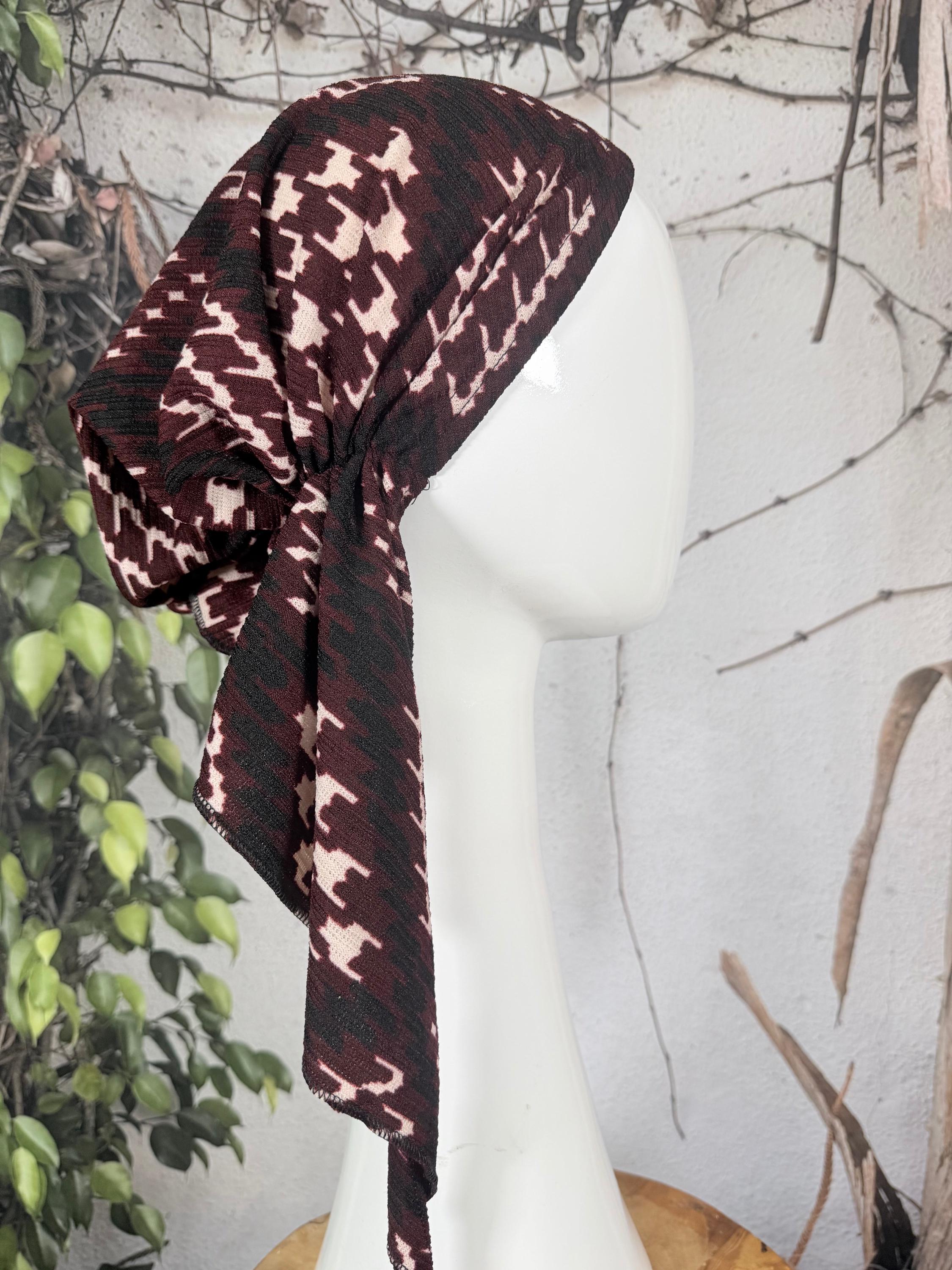 New Embellished Brown and Cream Houndstooth Headband Turban with Logo Plaque Turquoise Stains Printed Twist Headband, Brown Faux Turban  main image 2