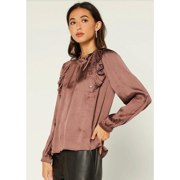 Satin Bow Blouse for Women, XS-LG, Deep Taupe, Long Sleeve, Modest Tznius Top, Beautiful Ruffles Design, Elegant Tunic Shirt