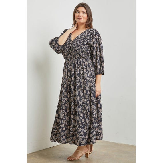 knee length dresses for ladies Grey Floral Mesh Smocked Midi Dress