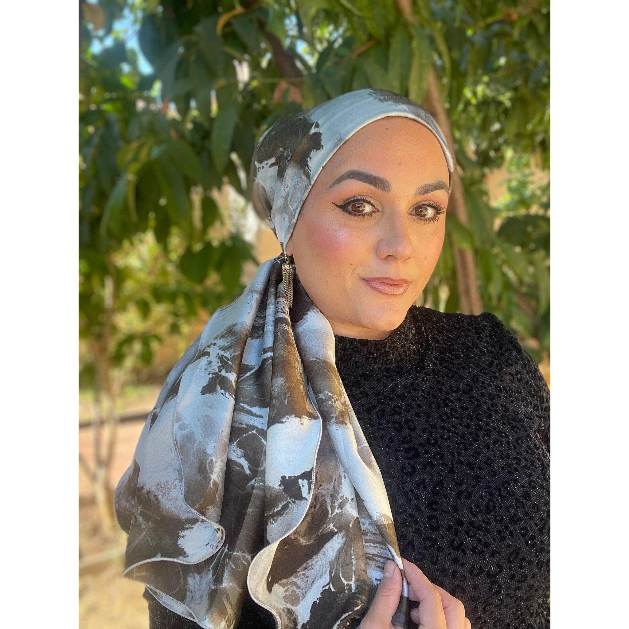 Chic Yomi Head Scarf for Women, Pale Blue/khaki, Elegant Satin
