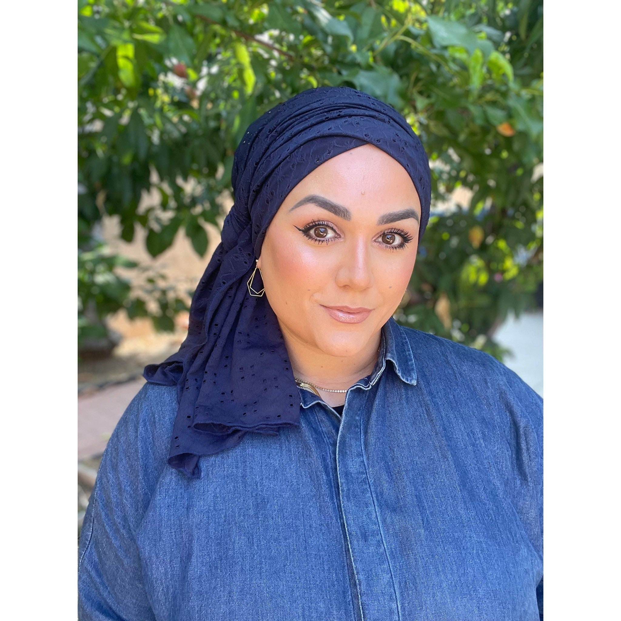 Headscarf for Women, Navy Eyelet Long Head Wrap, Hijab Head