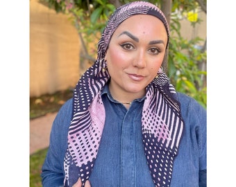 Quadratisches Kopftuch aus Baumwolle für Frauen, abstrakter Waffeldruck, Marineblau/Lavendel, weiche Chemo-Kopfbedeckung, Bandana-Kopfbedeckung, Tichel Lady-Haarbedeckung