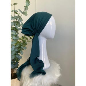 Pre Tied Head Scarf for Women, Teal Green, Long Tails, Cotton Textured Slip On Bandana Head Covering, Chemo Headwear, Tichel Lady