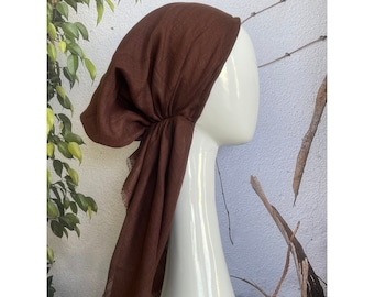Pretied Turkish Cotton Textured Tichel w/ Long Tails - Chocolate Brown