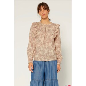 Printed Ruffle Blouse for Women, XS-LG, Beautiful Rose Design, Long Sleeve, Modest Tznius Top, Elegant Tunic Shirt