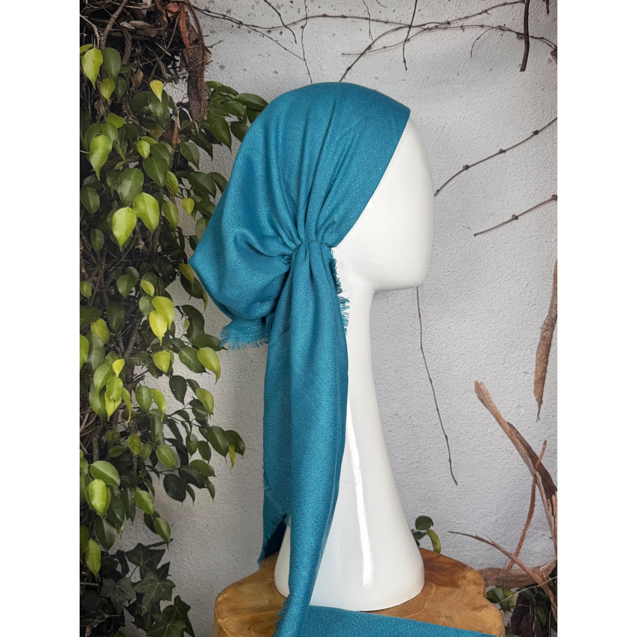 Pre Tied Head Scarf for Women, NON-SLIP Band Attached, Cotton Metallic Long Tails, Turquoise, Chemo Headwear, Slip On Bandana Cover Tichel