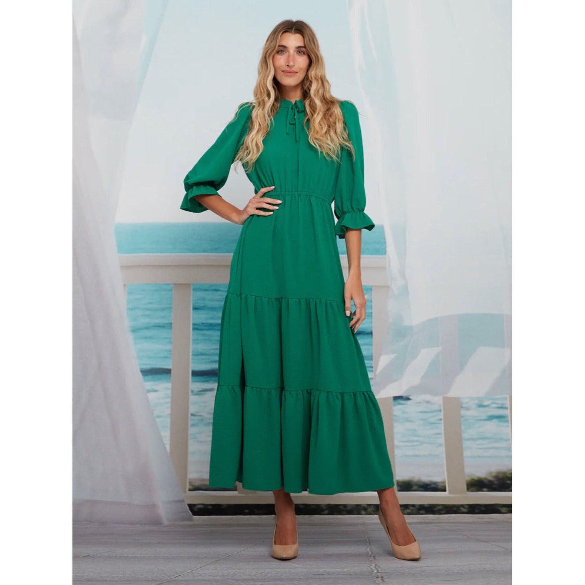 Tori Maxi Dress for Women, Solid Emerald Green, Xs-xl, Beautiful Buttons Plus Tie/Bow Closure, Flattering Modest Clothing for Ladies