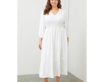 Garden of Eden Maxi Dress for Women, w/ Pockets, PLUS SIZES, White, Sleeves, Casual, Modest Clothing, Tiered Skirt, Modest Tznius Dress