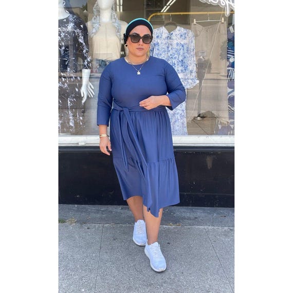 Modest Tiered Swim Dress for Women, Light Navy, Sizes SM-XL