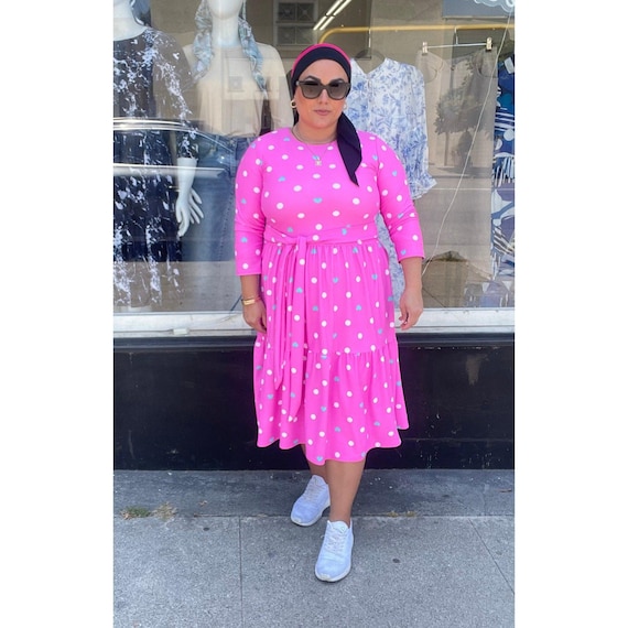 Modest Tiered Swim Dress for Women, Pink Print, SM-XL, Ladies