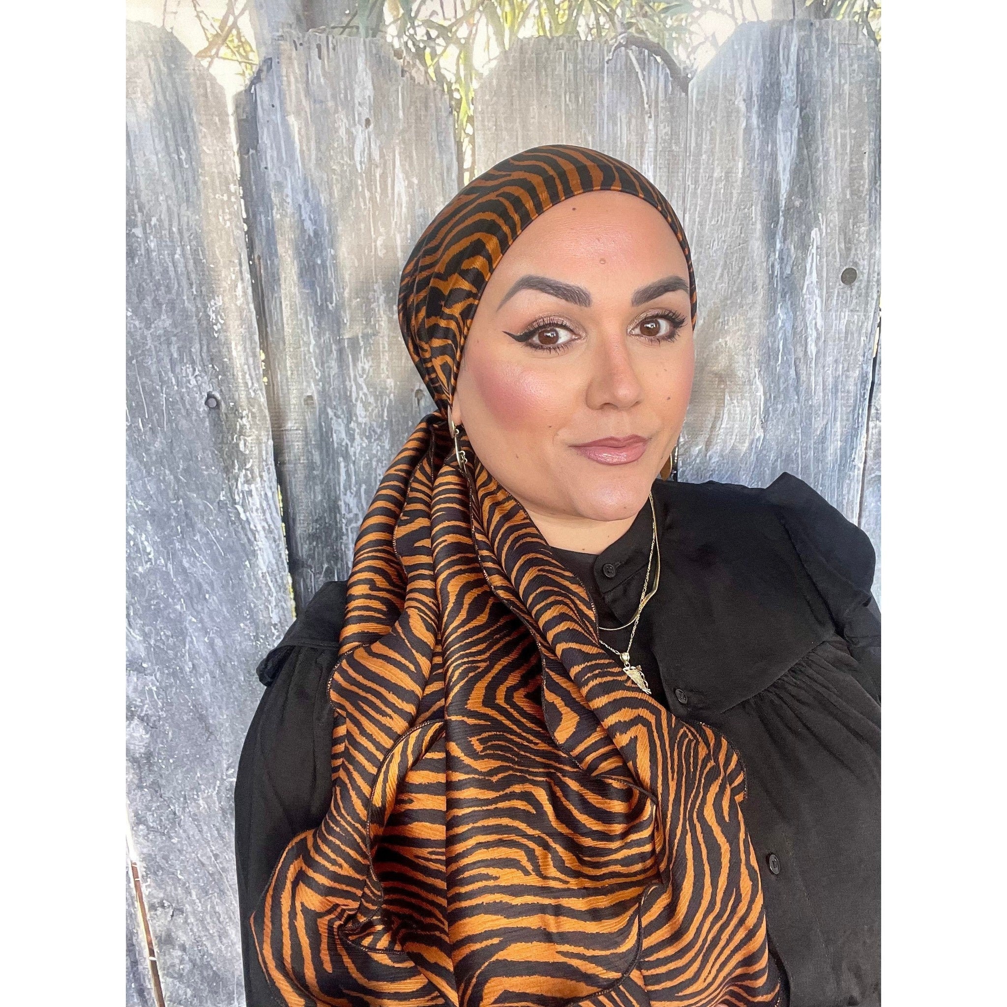 Chic Yomi Head Scarf for Women, Brown Zebra Print, Elegant Satin