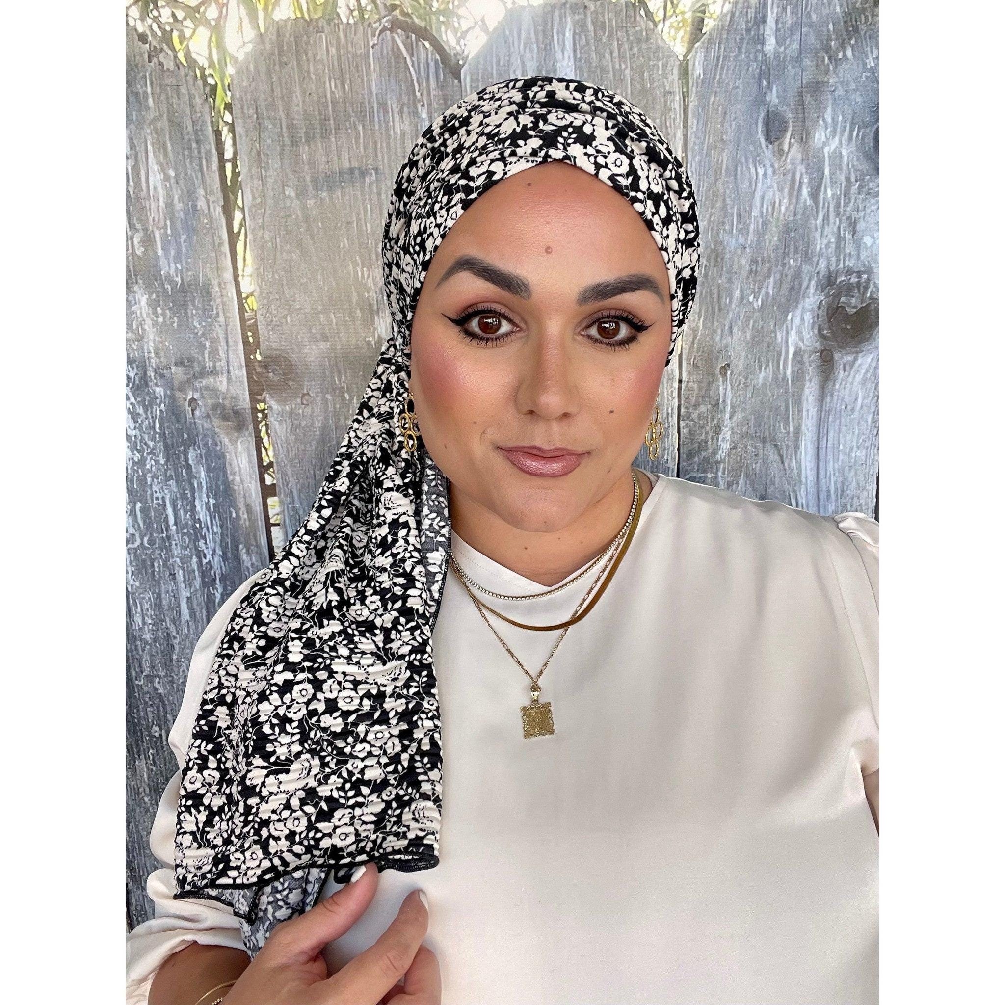 Black Floral Pleated Long Headscarf for Women, Israeli Head Wrap