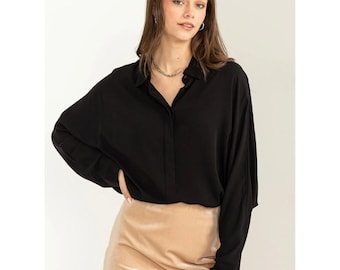 Übergroße Tunika Bescheidene Oberteil für Frauen, Schwarz, SM-LG, Pflegefreundliches Hemd, Button-Down-Verschluss, lange Ärmel