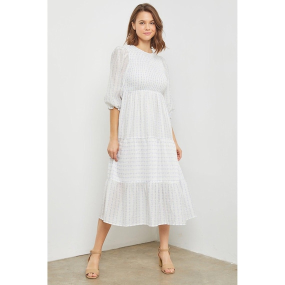 dainty midi dress Dainty Floral Midi Dress, SM-3XL, Crew Neckline, 3/4 Sleeves, Casual Modest Versatile Clothing, Plus Sizes, Tzius Lined Dress w/ Pockets
