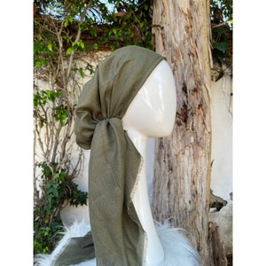Slip On Women’s Head Covering, Metallic, Olive Green, Cotton Pre Tied Turban Long Tails, Chemo Headwear, Pretied Bandana, Little Tichel