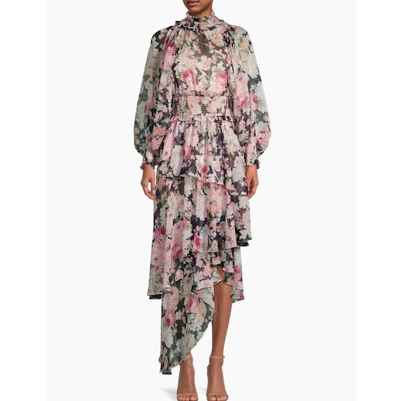 Elliatt Astrid Navy Floral Maxi Dress, Ruffled & Shirring Detail, Long  Sheer Billowed Sleeve, Shirred Collared Neckline Modest Elegant Dres - Etsy