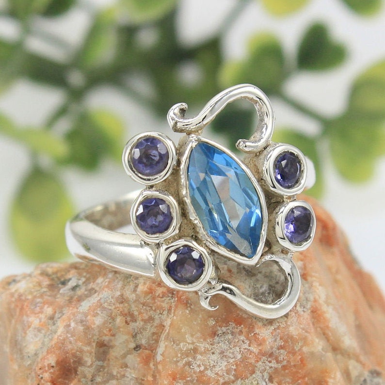 Natural Gemstone Solid Silver Ring,Women Jewelry Blue Topaz Ring Handmade Faceted Blue Topaz Iolite Ring 925 Sterling Silver Ring