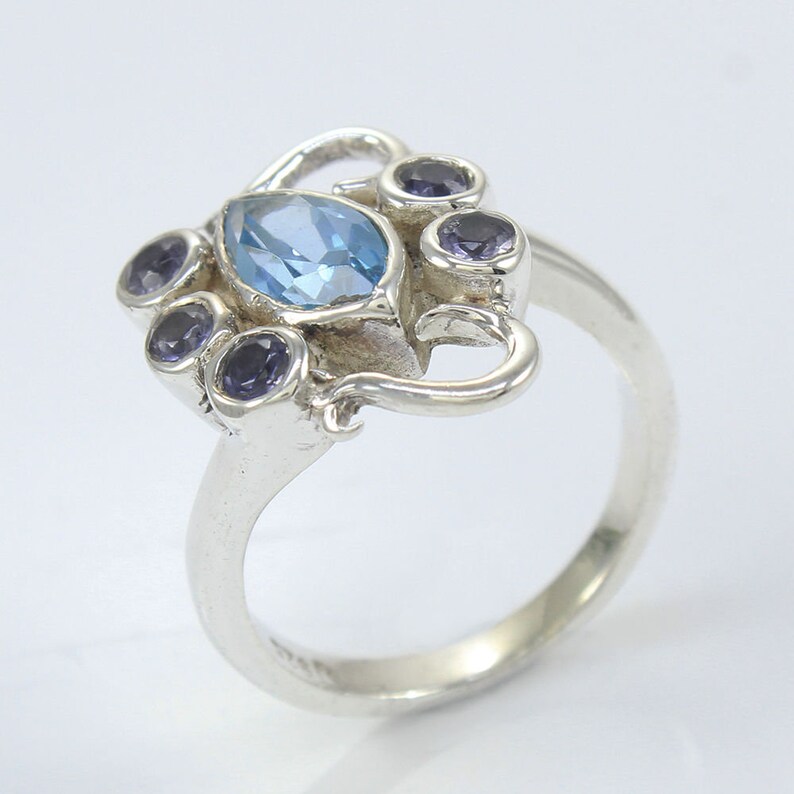 Natural Gemstone Solid Silver Ring,Women Jewelry Blue Topaz Ring Handmade Faceted Blue Topaz Iolite Ring 925 Sterling Silver Ring