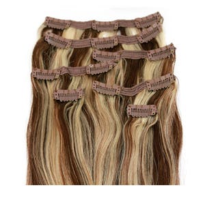 Medium Brown with Blonde Highlights: Clip In Human Hair Extensions, Color #P4/613