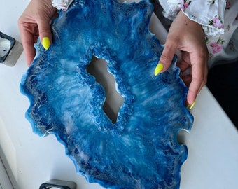 Blue Geode Epoxy Resin Tray, Handmade Trinket Dish, Housewarming Gift