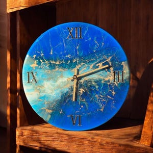 Art deco resin wall clock,  large blue modern clock for living room, boho glamor overmantle decor, gift for girlfriend, housewarming gift
