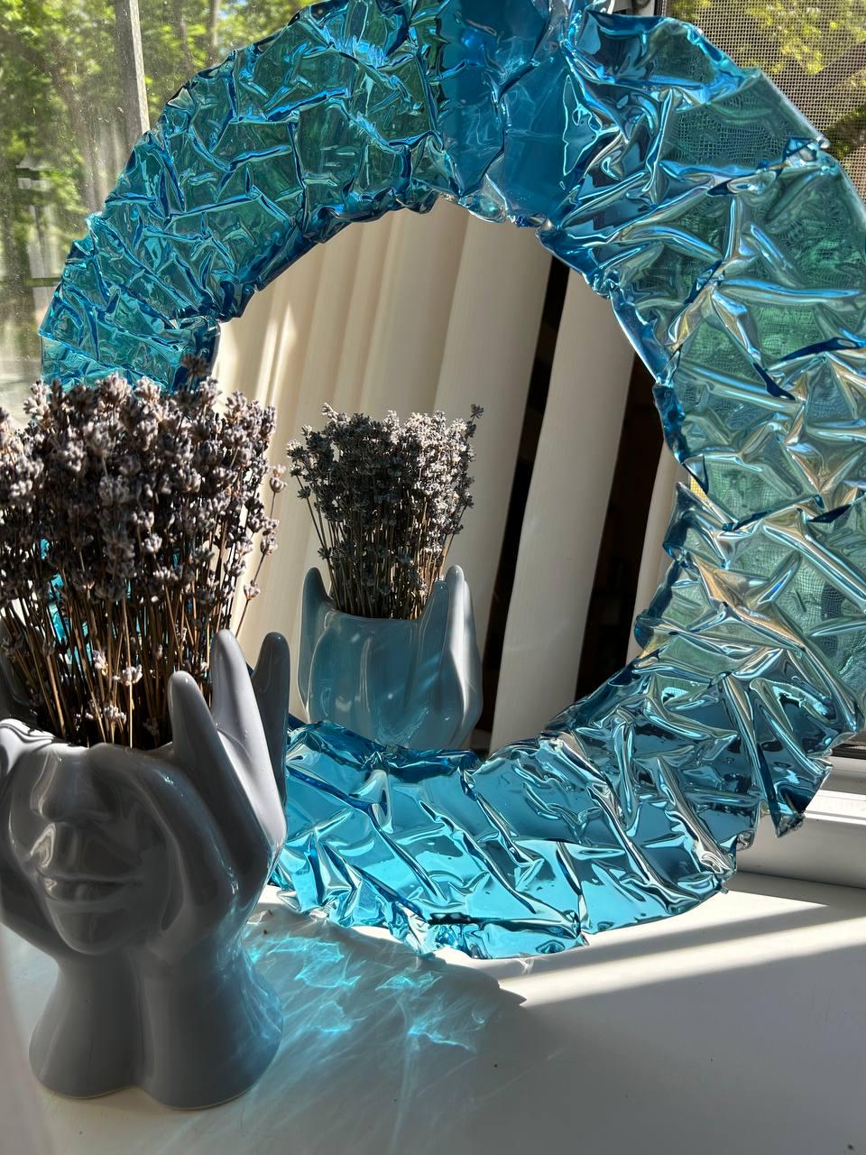 Miroir bleu transparent, miroir de salle de bain, miroir avec cadre en époxy, miroir mural rond esthétique, décoration murale unique pour chambre à coucher, art du miroir fait main